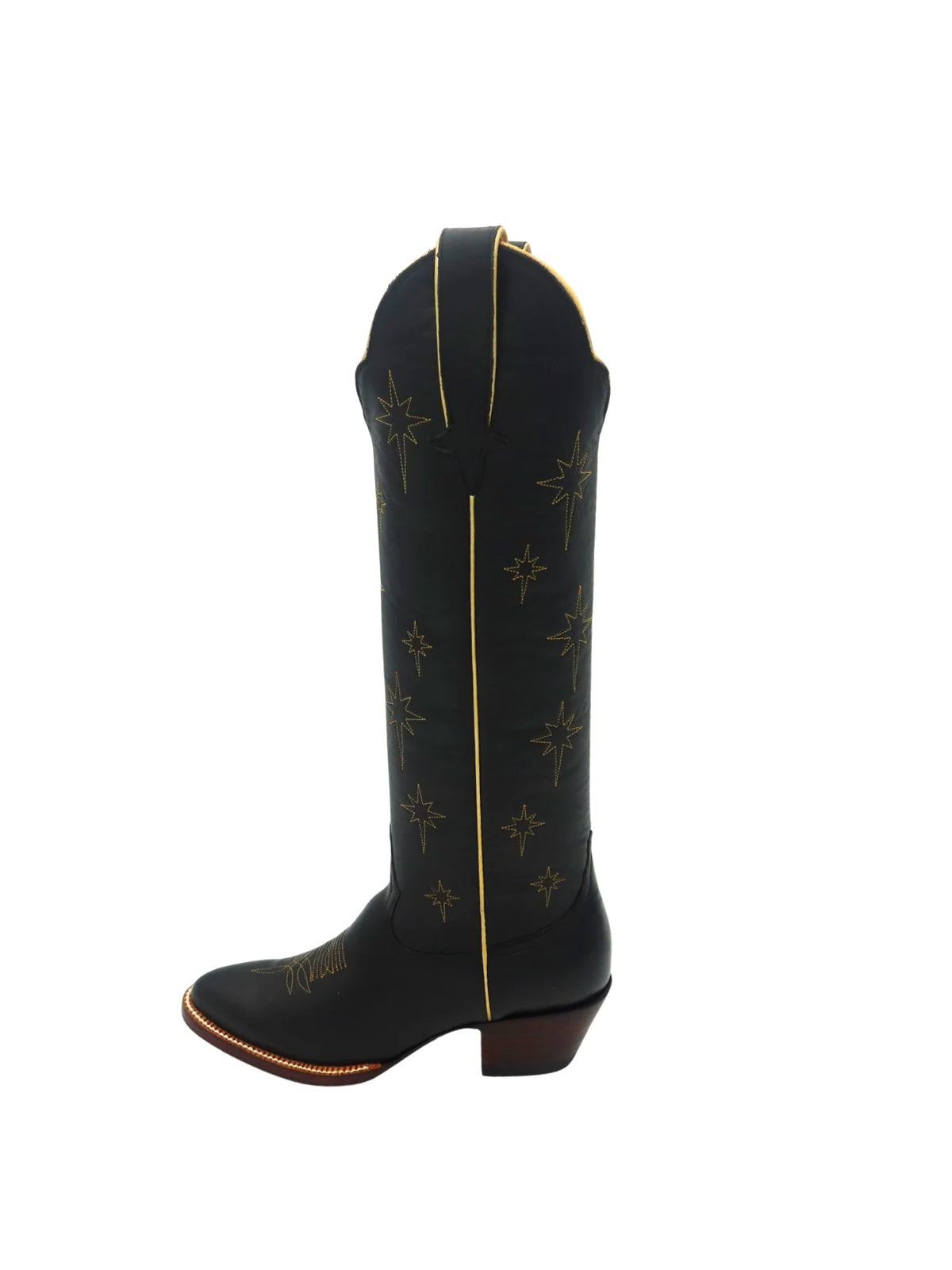 Black Almond-Toe North Stars Embroidery Wide Calf Knee High Cowgirl Boots