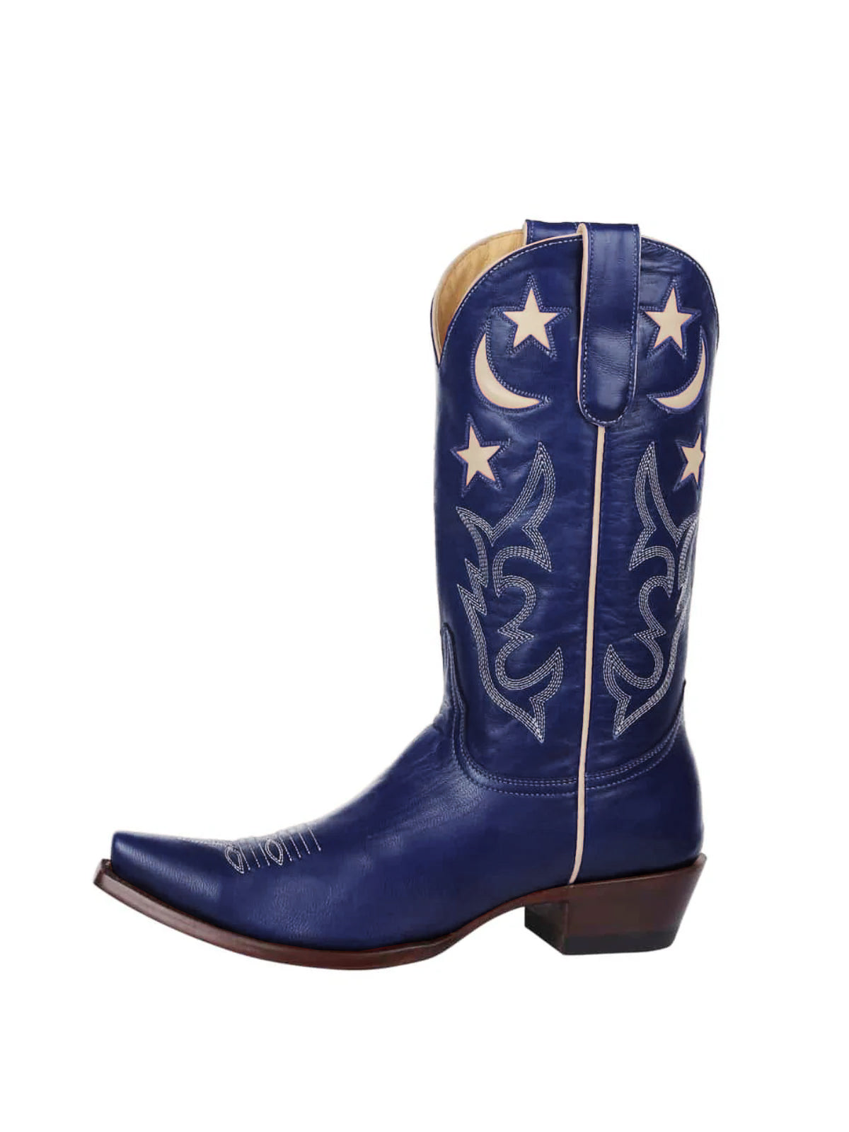 Blue Snip-Toe Moon And Star Inlay Embroidery Mid Calf Cowgirl Boots