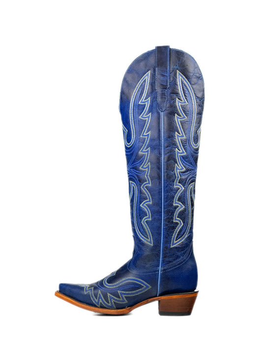 Distressed Blue Snip-Toe Embroidery Knee High Tall Half-Zip Cowgirl Boots