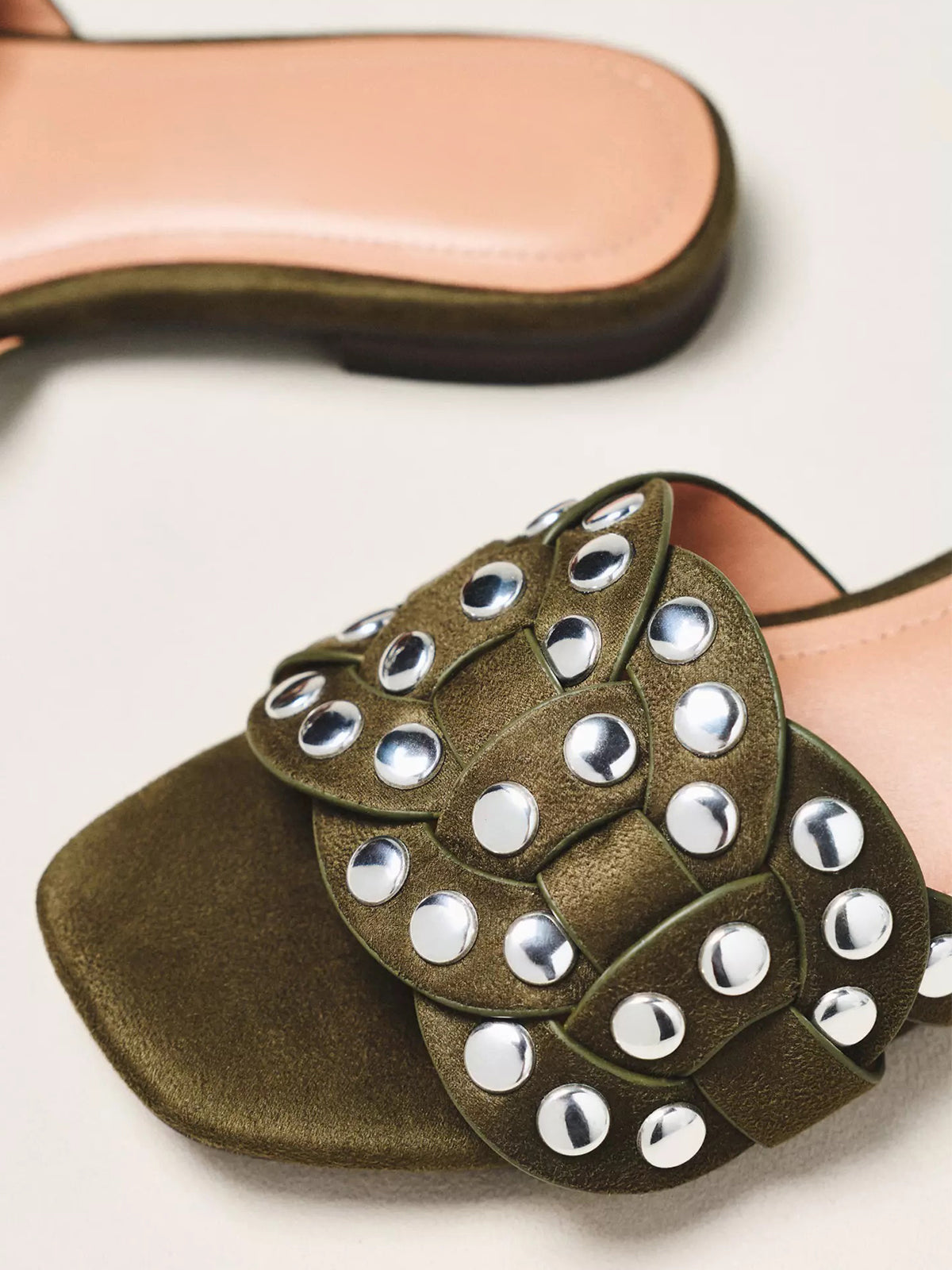 Khaki Faux Suede Square-Toe Studded Slip-On Sandals Flats