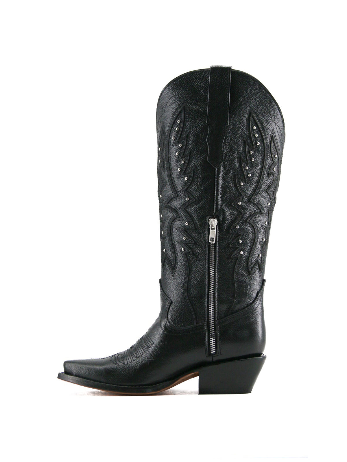 Western Snip-Toe Embroidery Half-Zip Knee High Cowgirl Boots - Classic Black