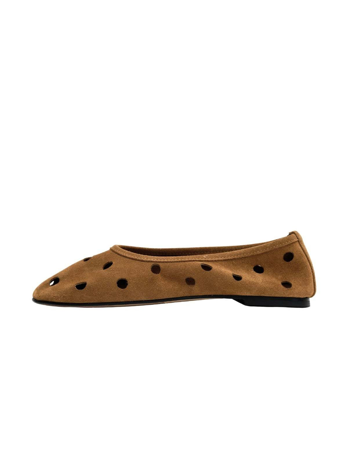 Caramel Cow Suede Round-Toe Cutout Slip-On Ballet Flats