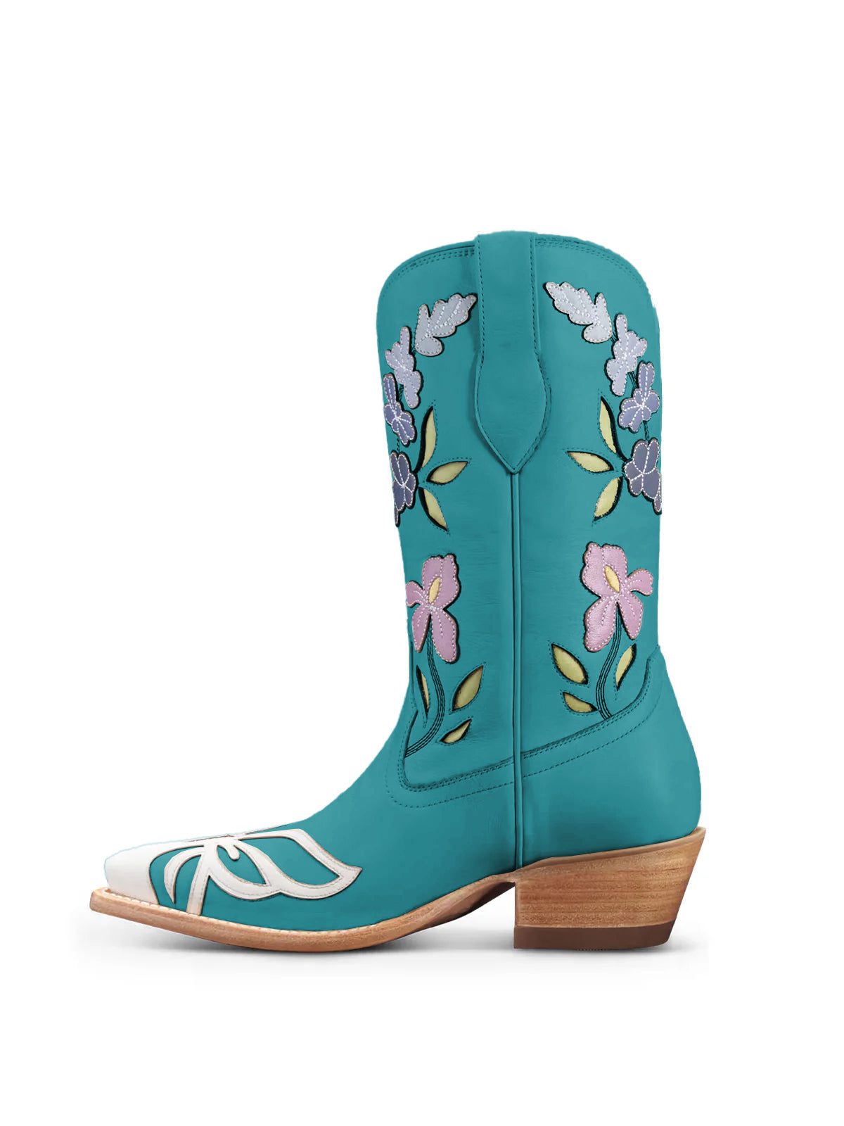 Teal Snip-Toe Flower Applique Mid Calf Pull On Cowgirl Boots