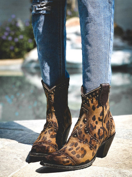 Leopard Print Snip-Toe Studs Full-Zip Ankle Cowgirl Boots