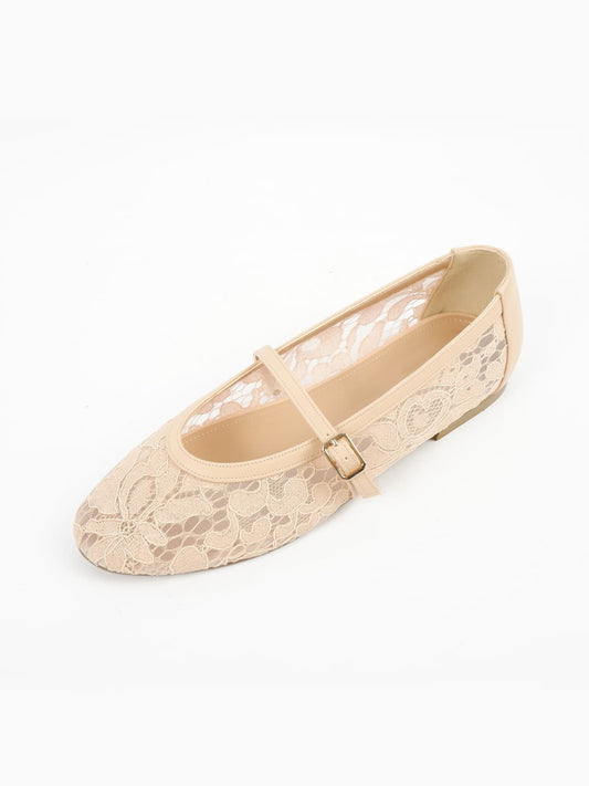 Nude Lace Mesh Round-Toe Chic Mary Jane Classic Ballet Flats