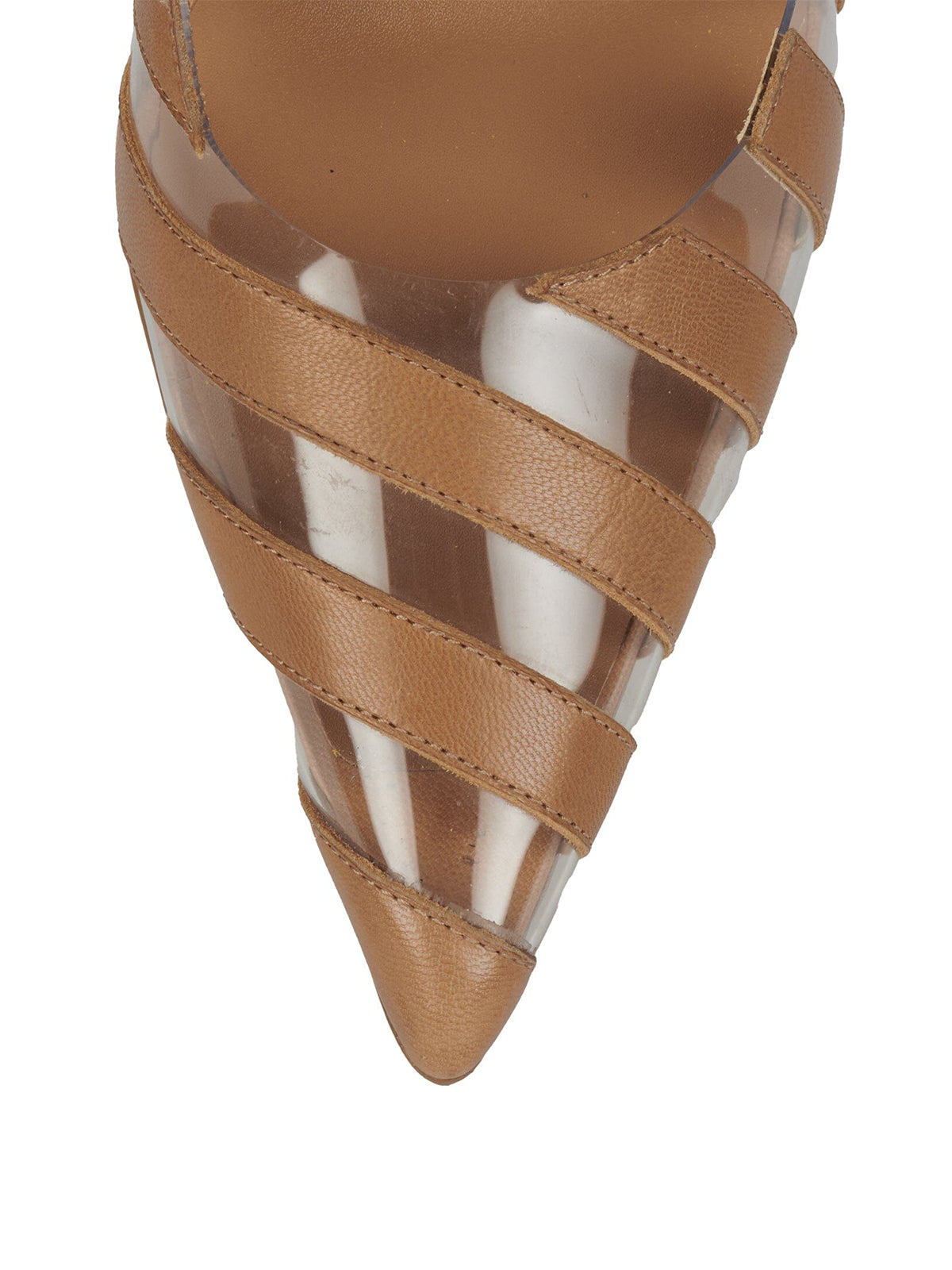 Tan Contrast Vegan Leather And PVC Film Pointed-Toe Slip-On High Heels