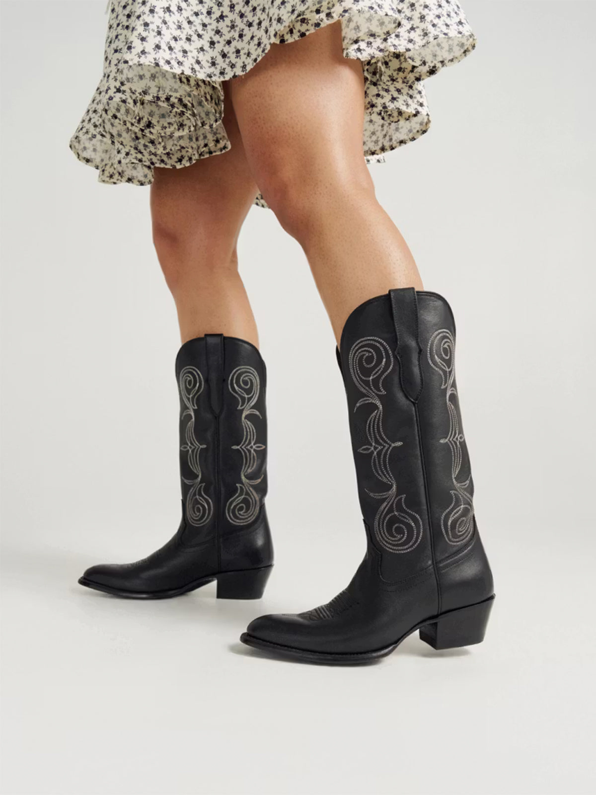 Black Round-Toe Knee High Wide Calf Embroidery Cowgirl Boots