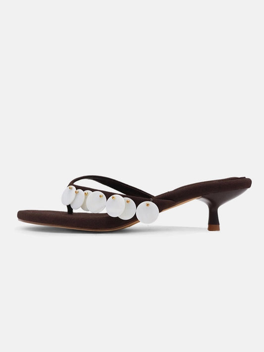 Coffee Faux Suede Round-Toe Flip-Flop With Mother Of Pearl Kitten Heels