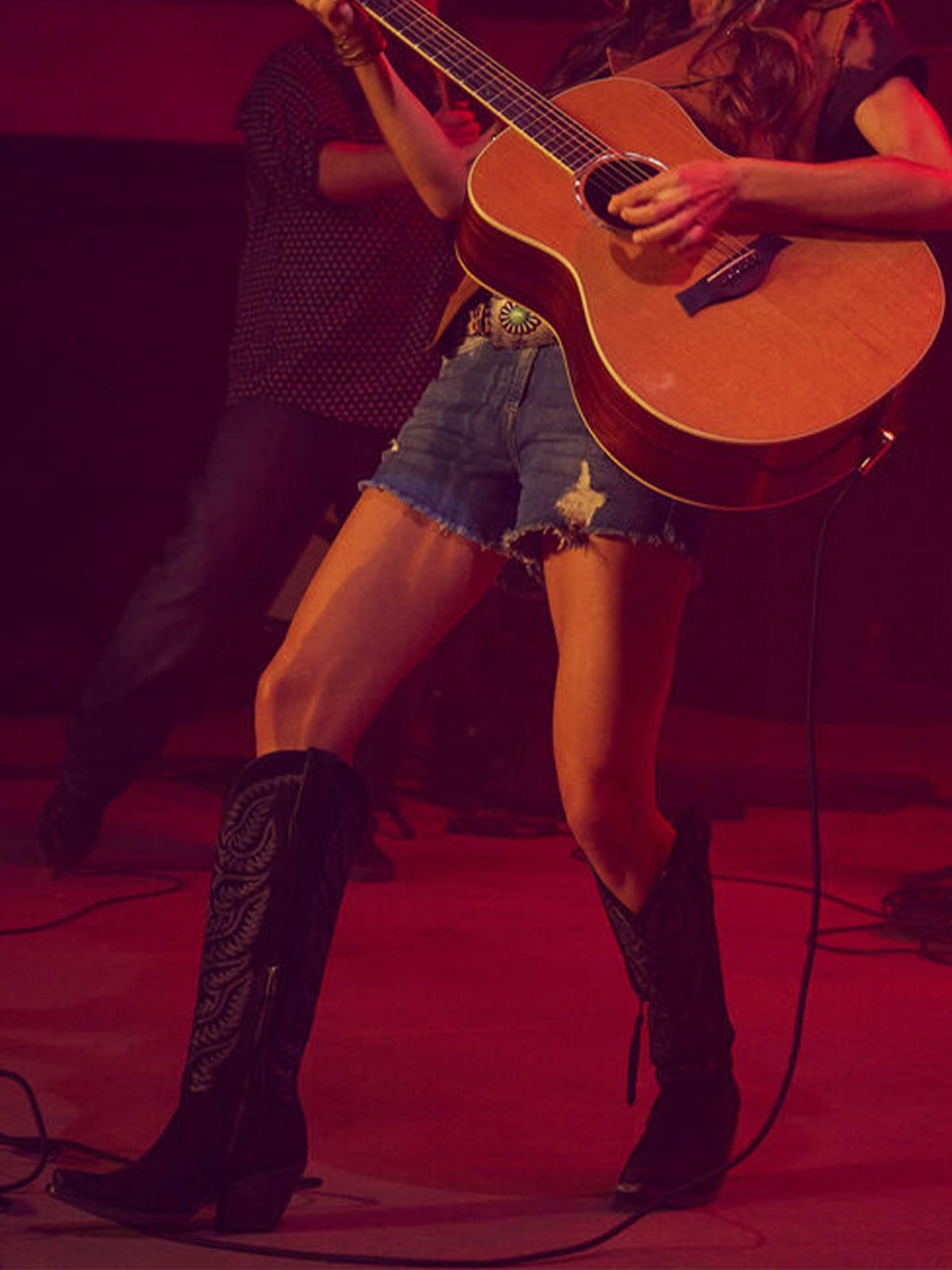 Embroidery Half-Zip Tall Knee High Faux Suede Snip-Toe Cowgirl Boots - Black