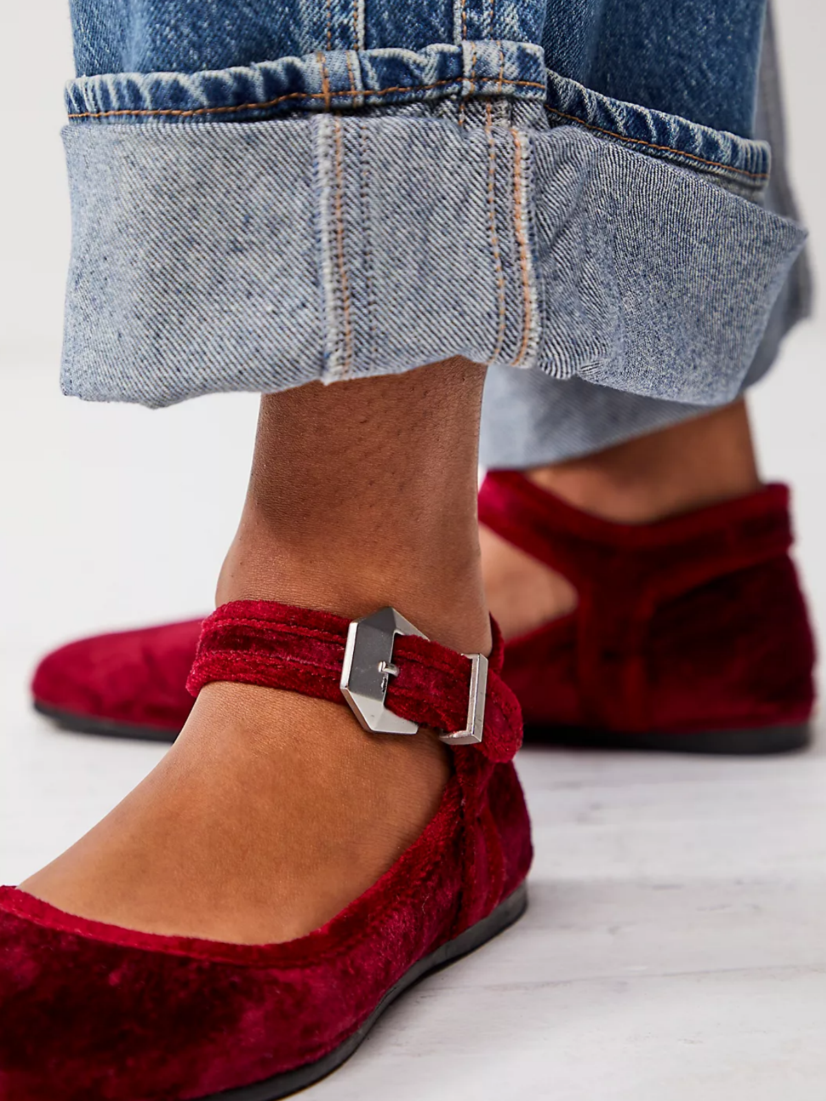 Dark Red Velvet Square-Toe Ankle Strap Mary Janes Flats