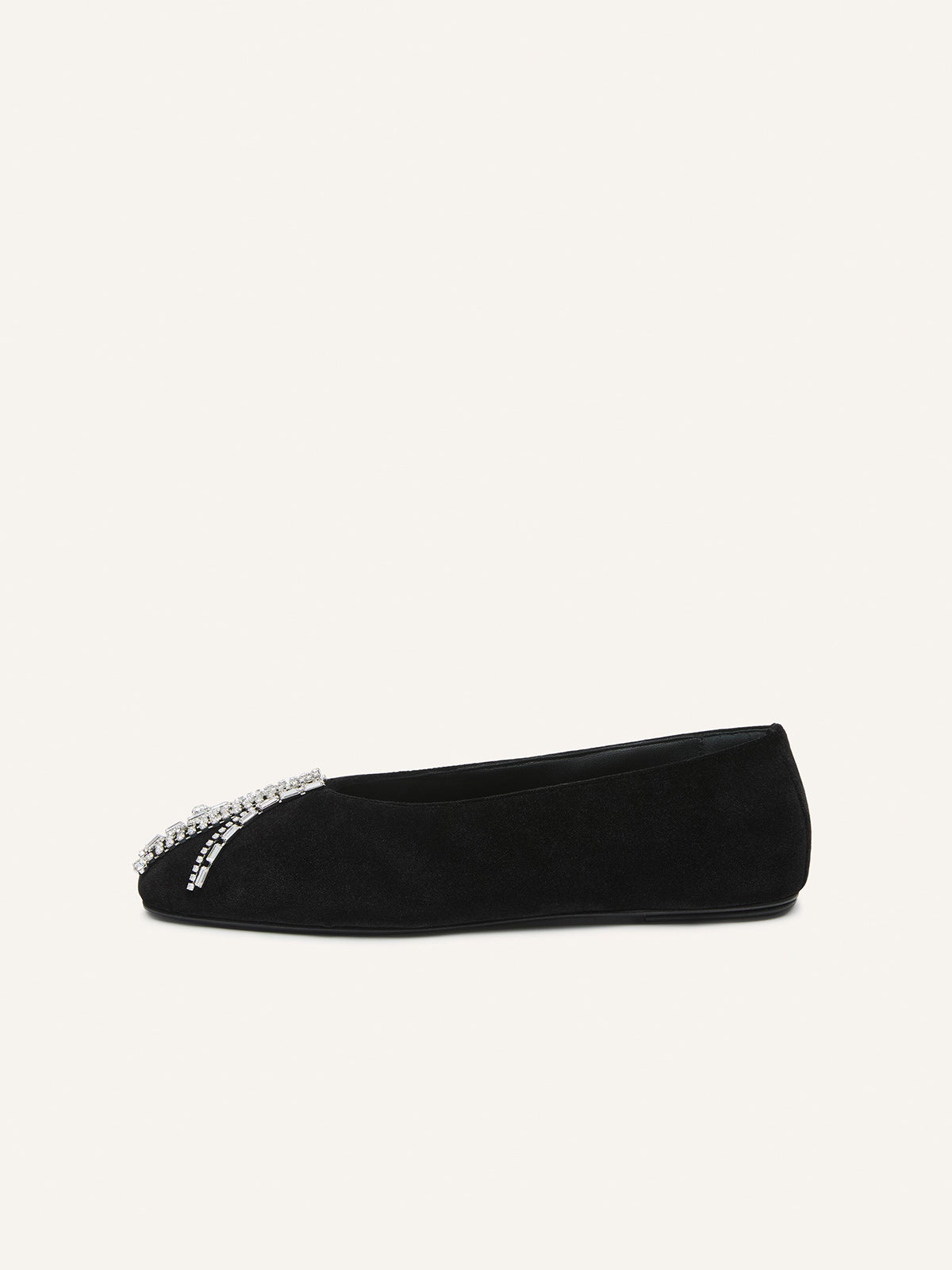 Черни сатенени класически балетки с квадратни пръсти и кристали отпред