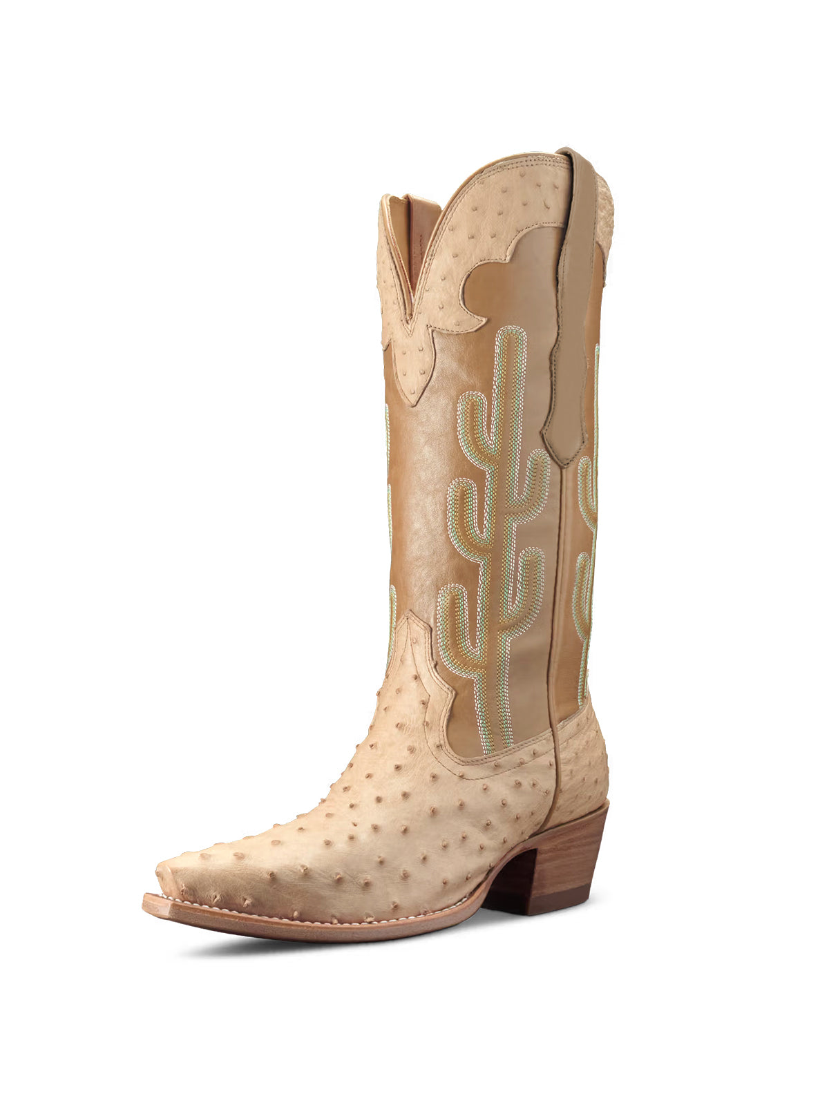 Contrast Honey And Ostrich Print Snip-Toe Cactus Embroidery Mid Calf Cowgirl Boots