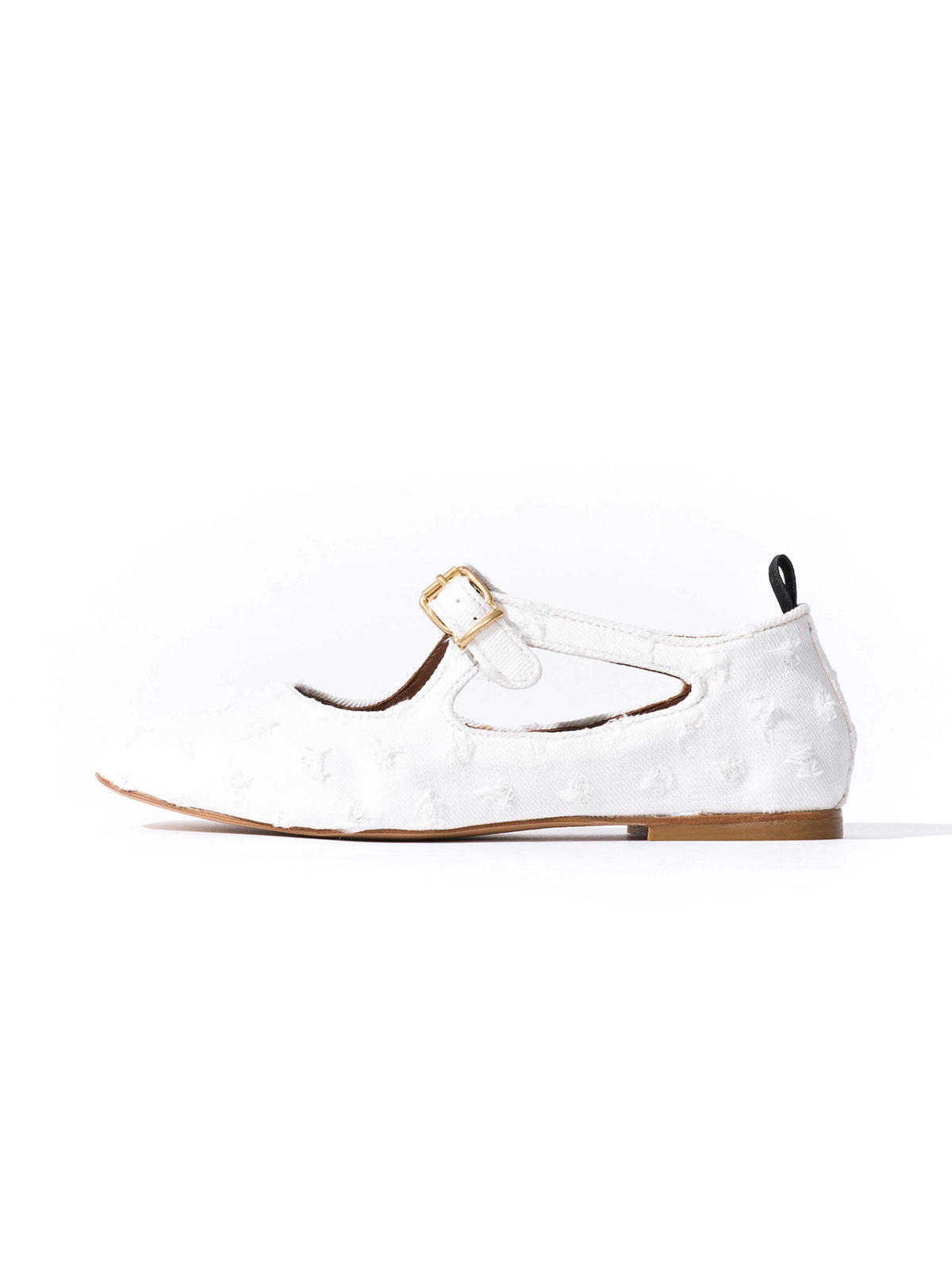 Square-Toe Buckle Strap Chic Flats - White Denim