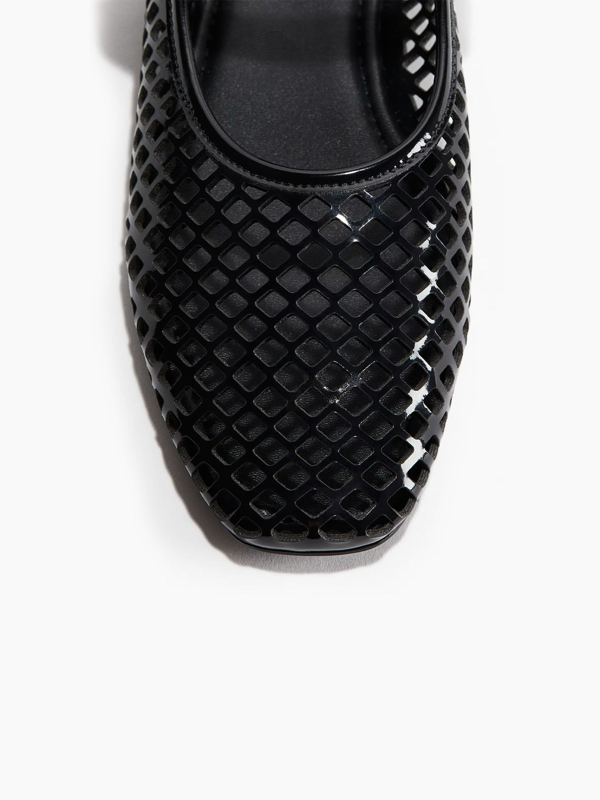 Perforated Square-Toe Bridge Strap Mary Jane Ballet Flats - Black Patent