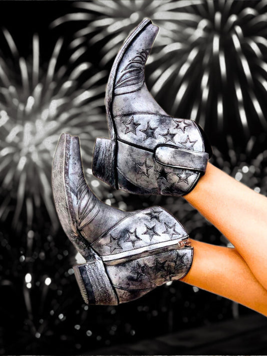 Metallic Silver Snip-Toe Stars Inlay Full-Zip Ankle Cowgirl Boots