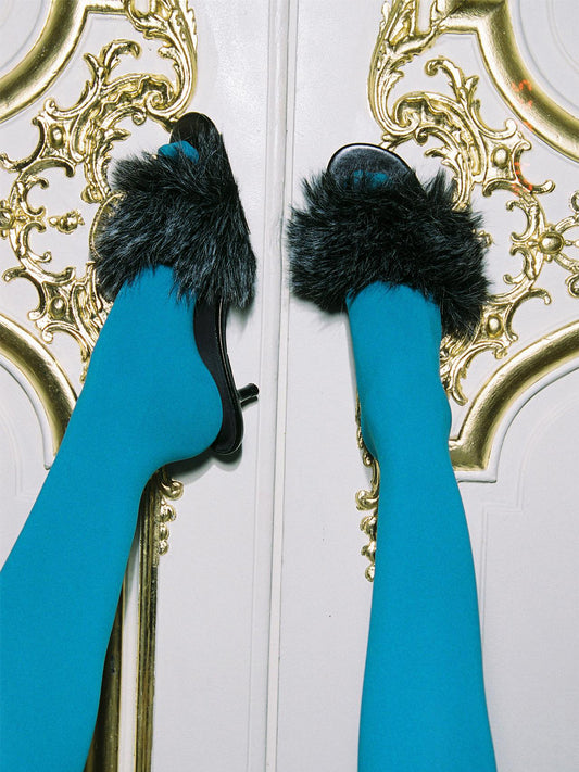 Black Round-Toe Front Plush Backless Kitten Heels