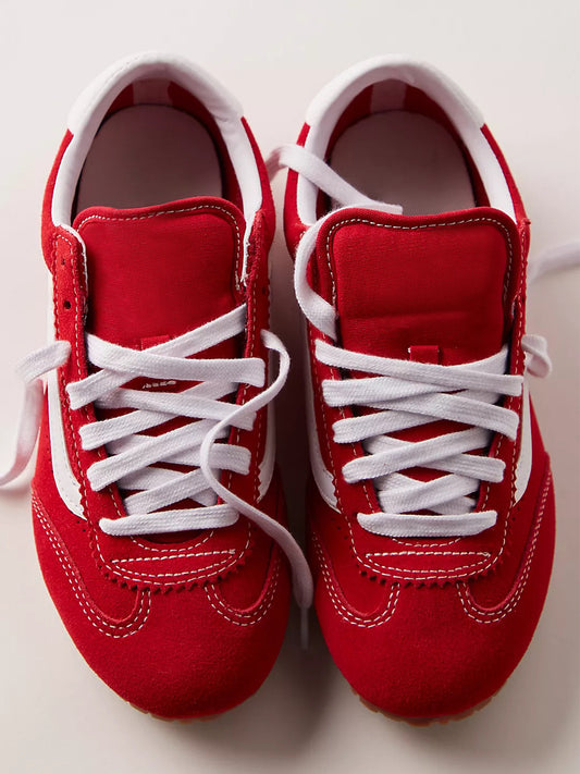 Red Faux Suede Round-Toe Lace-Up Flats Sneakers