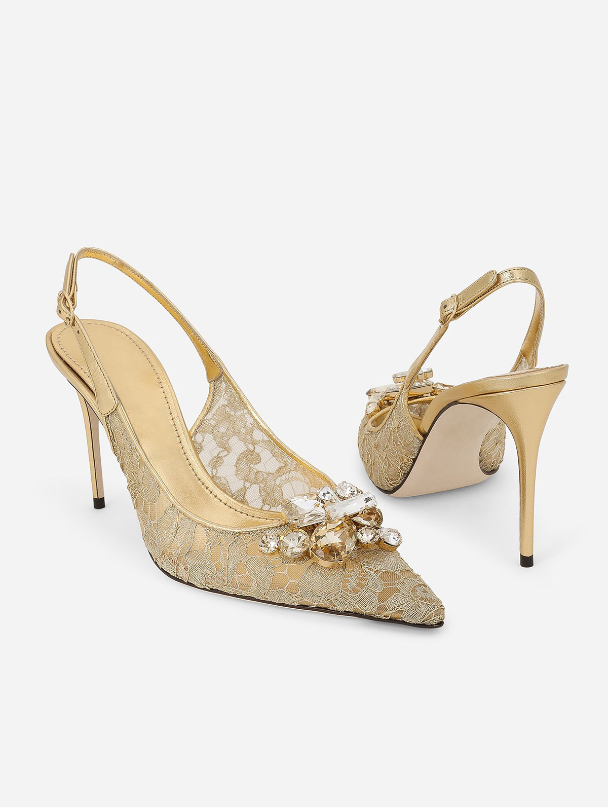 Gold Lace Mesh Pointed-Toe Front Crystals Slingback High Heels Pumps