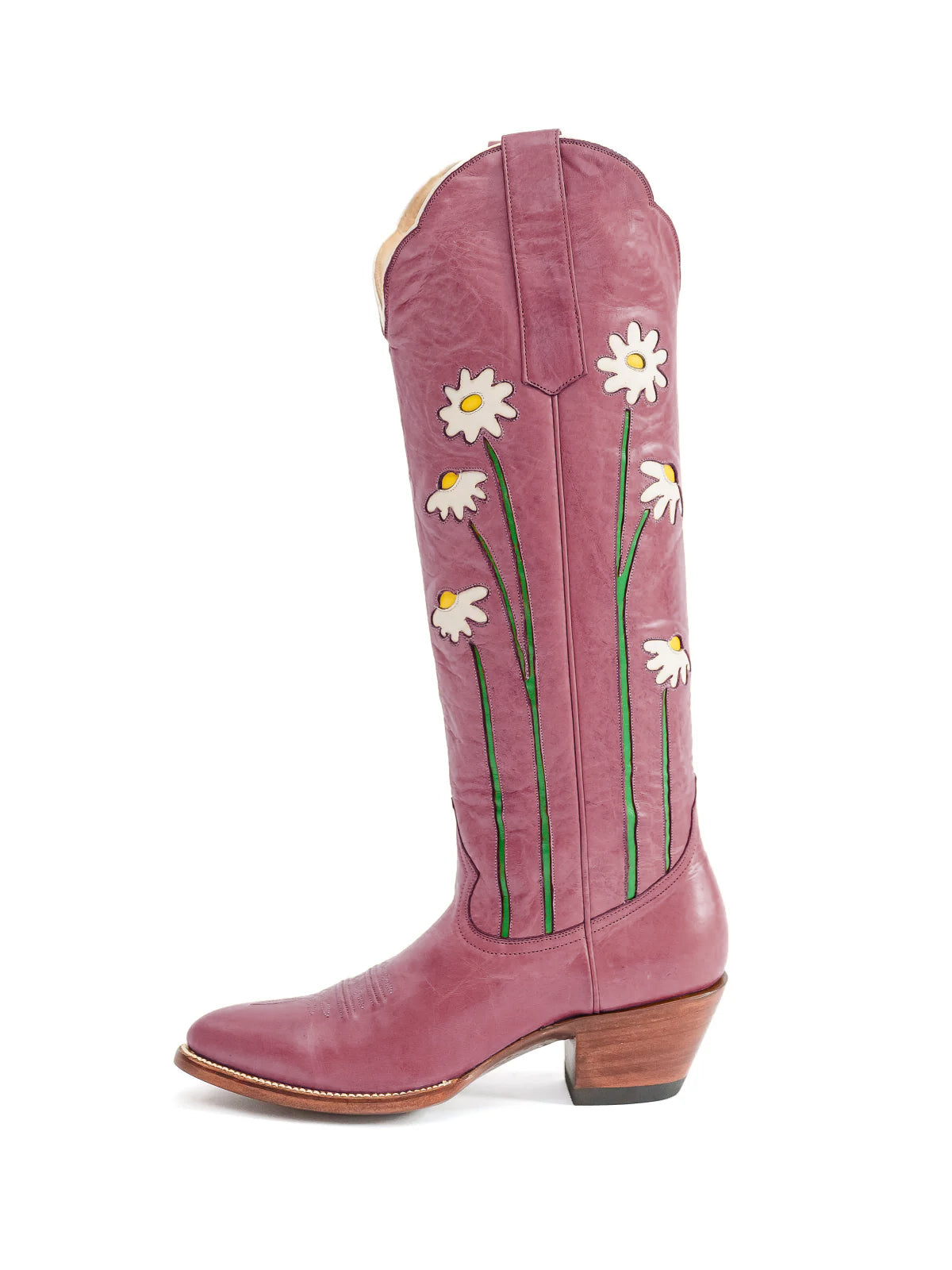 Magenta Almond-Toe Wide Calf Western Boots Knee High Tall Boots With Floral Inlay