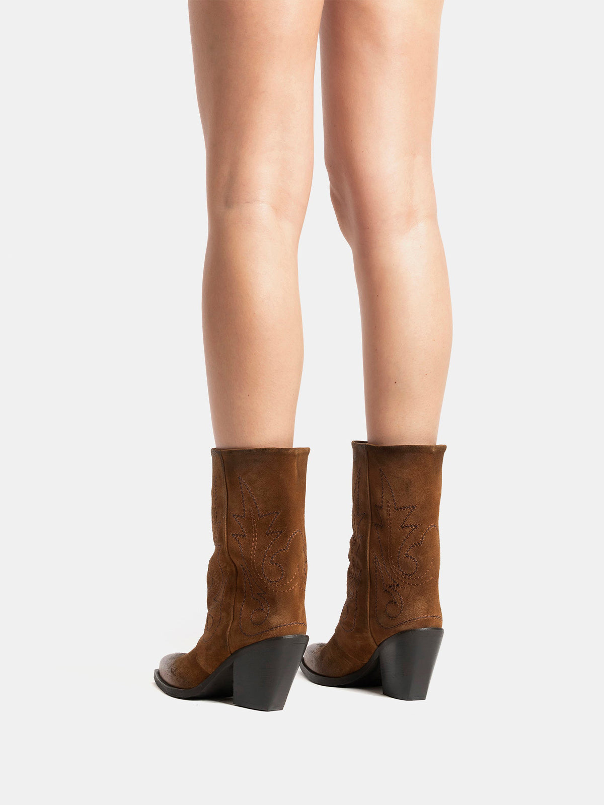 Brown Snip-Toe Faux Suede Embroidery Mid Calf Cowgirl Boots