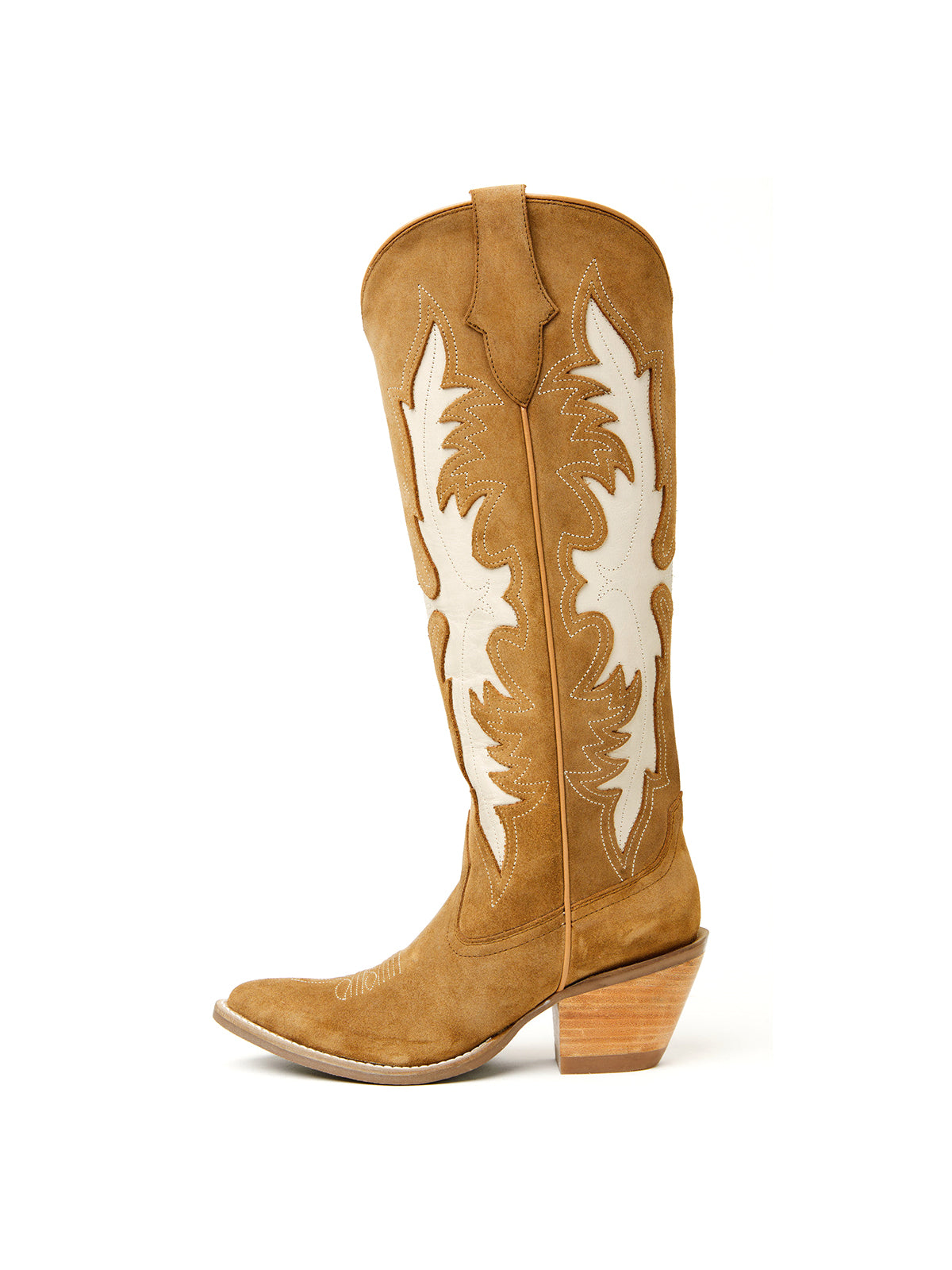 Tan Faux Suede Almond-Toe Fire Inlay And Embroidery Wide Calf Knee High Cowgirl Boots