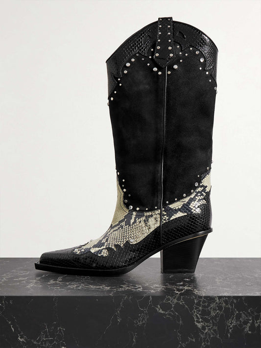 Contrast Snakeskin And Black Pointed-Toe Studded Mid Calf Cowgirl Boots
