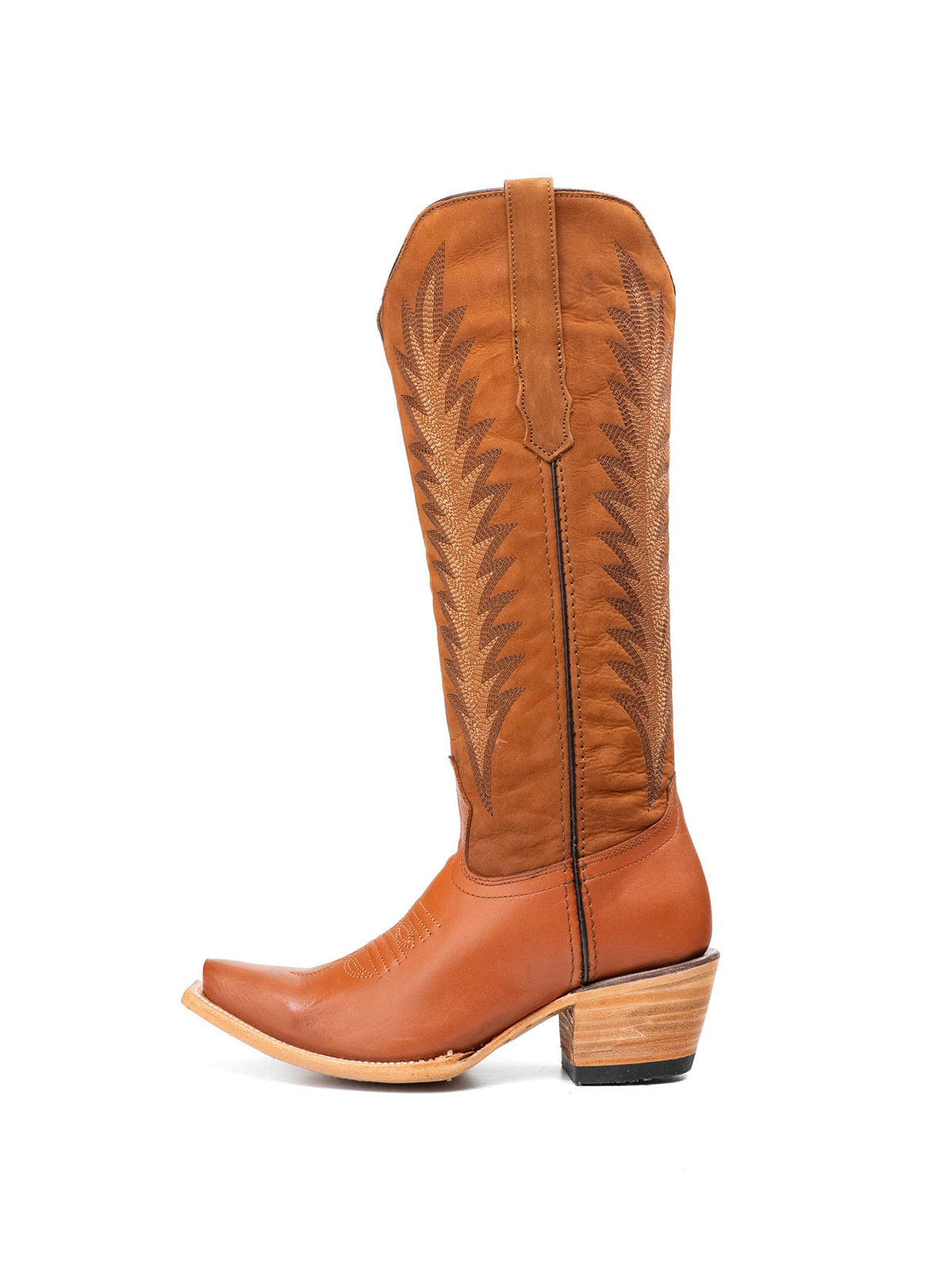 Orange Vegan Leather Snip-Toe Embroidery Half-Zip Knee High Chic Cowgirl Boots