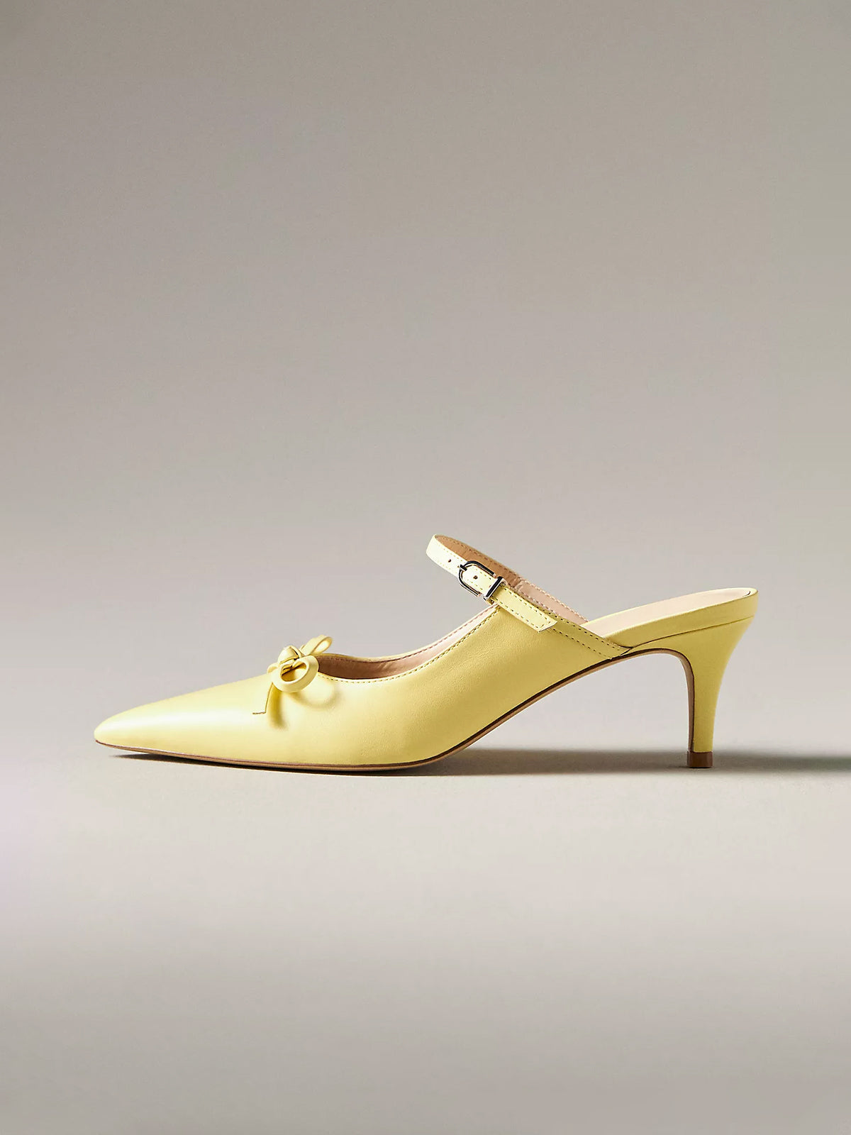 Yellow Pointed-Toe Bridge Strap Kitten Heels With Bow