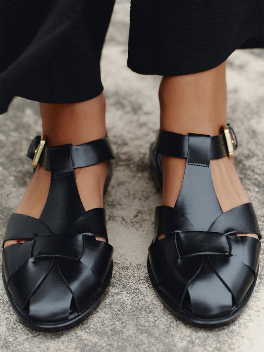 Black Round-Toe Ankle Strap Fisherman Sandals