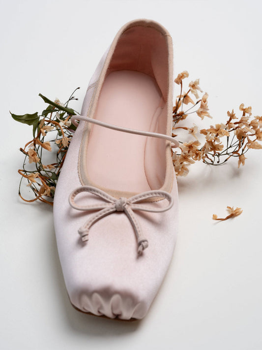 Blush Pink Satin Square-Toe Ballet Classic Flats With Bow