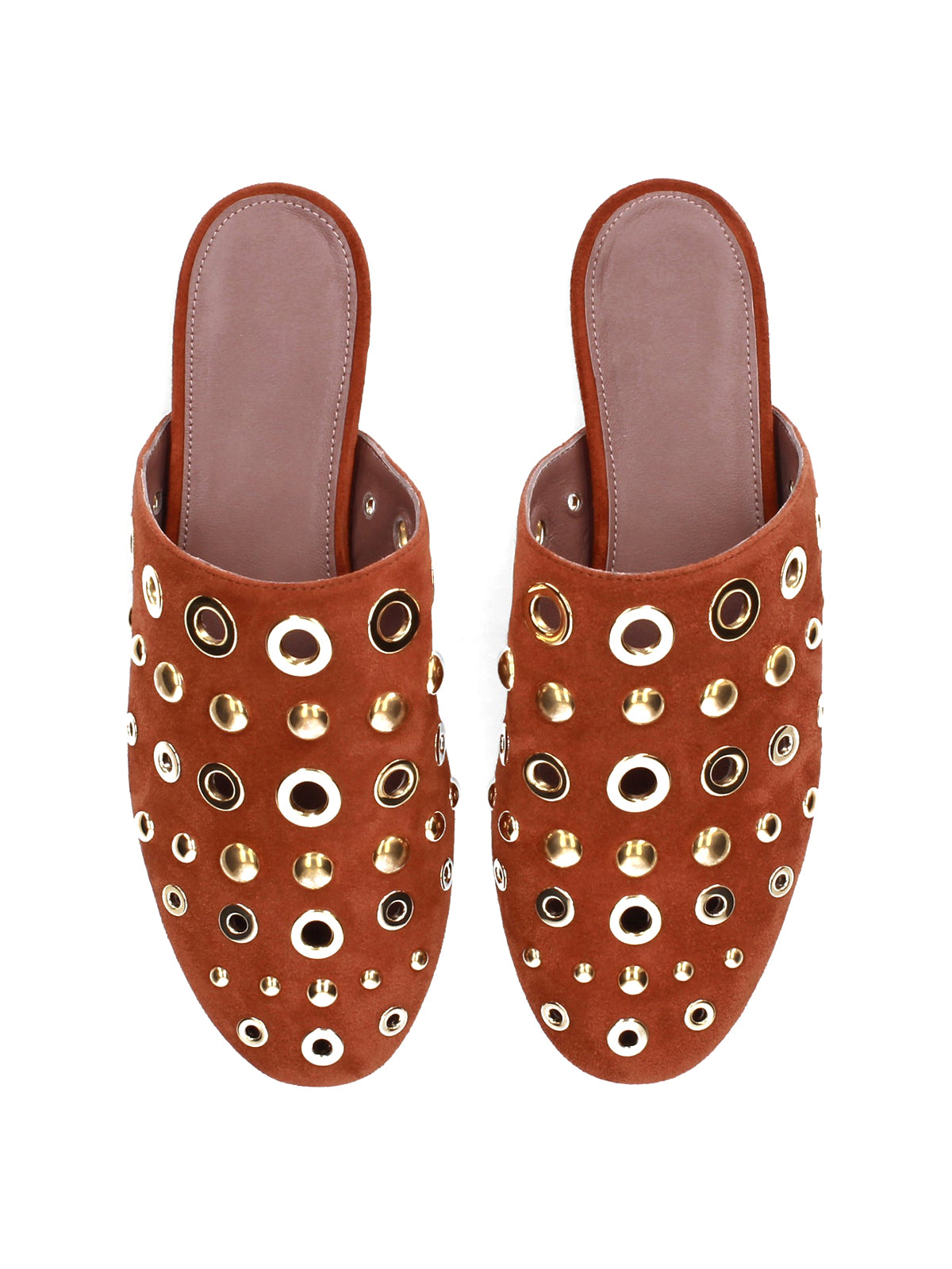 Caramel Faux Suede Round-Toe Eyelets And Studs Loafers Flats