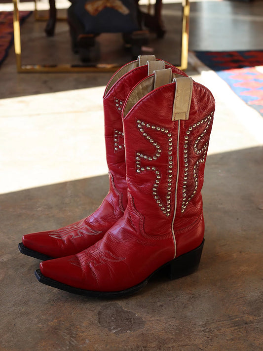 Red Snip-Toe Studded And Stitch Mid Calf Cowgirl Boots