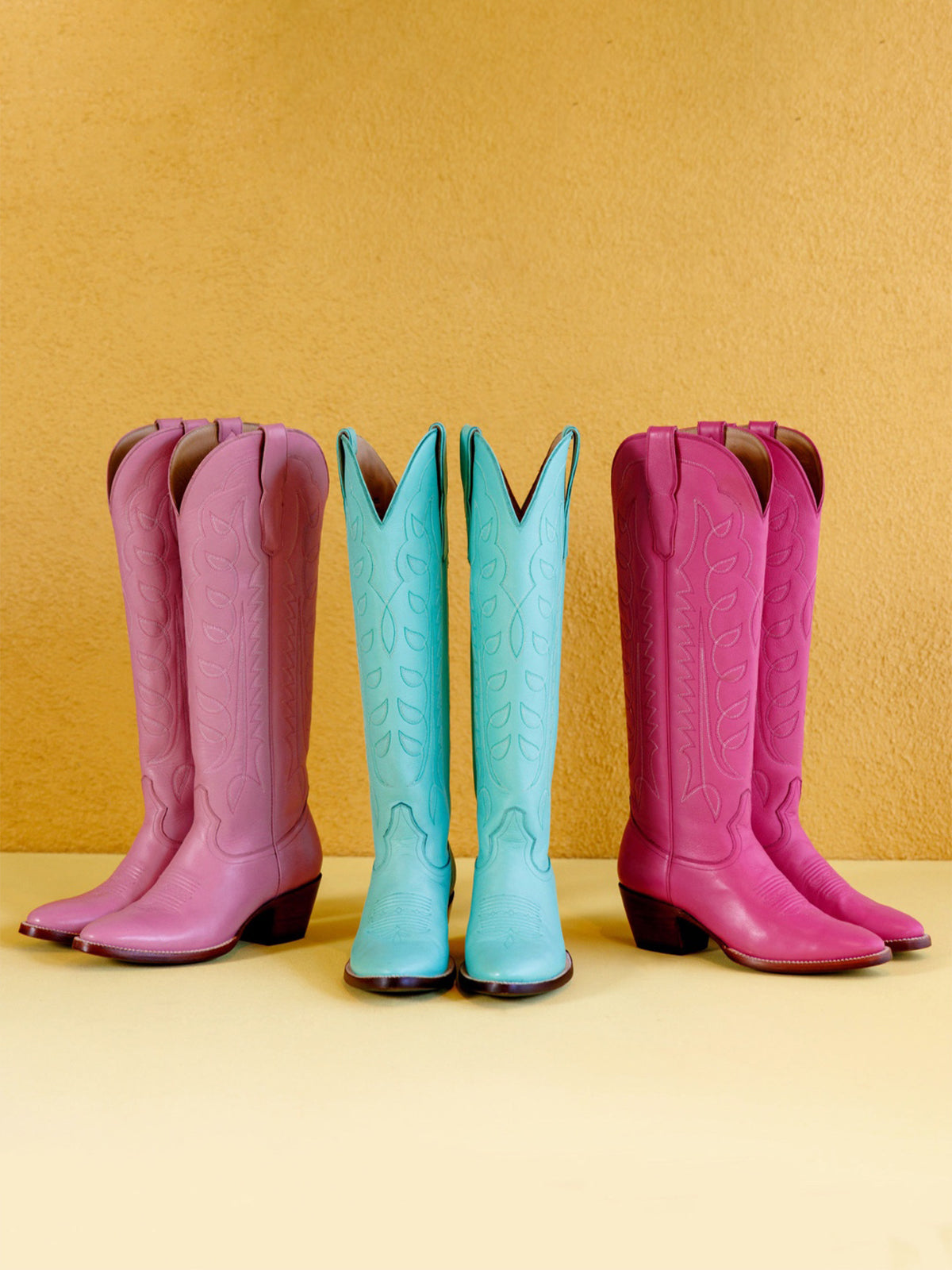 Light Pink Classic Almond-Toe Embroidery Tall Knee High Wide Calf Cowgirl Boots