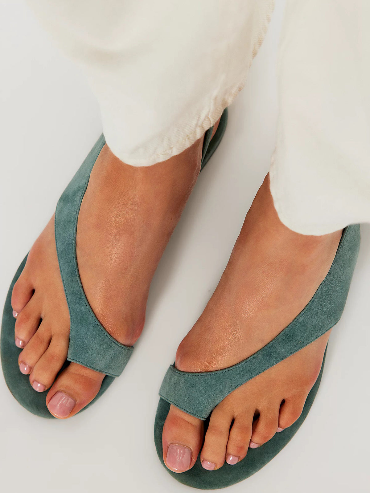 Teal Faux Suede Round-Toe Toe-Loop Design Slingback Flats