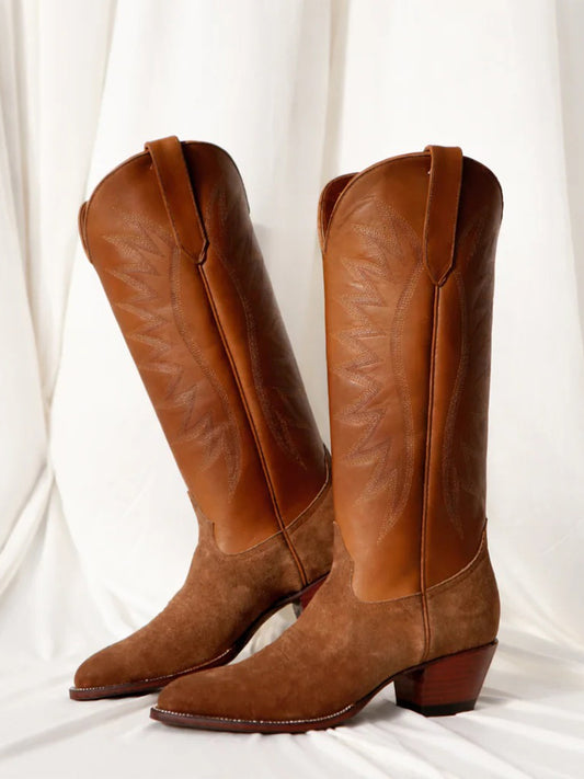 Brown Faux Suede And Vegan Leather Almond-Toe Embroidery Wide Calf Knee High Cowgirl Boots