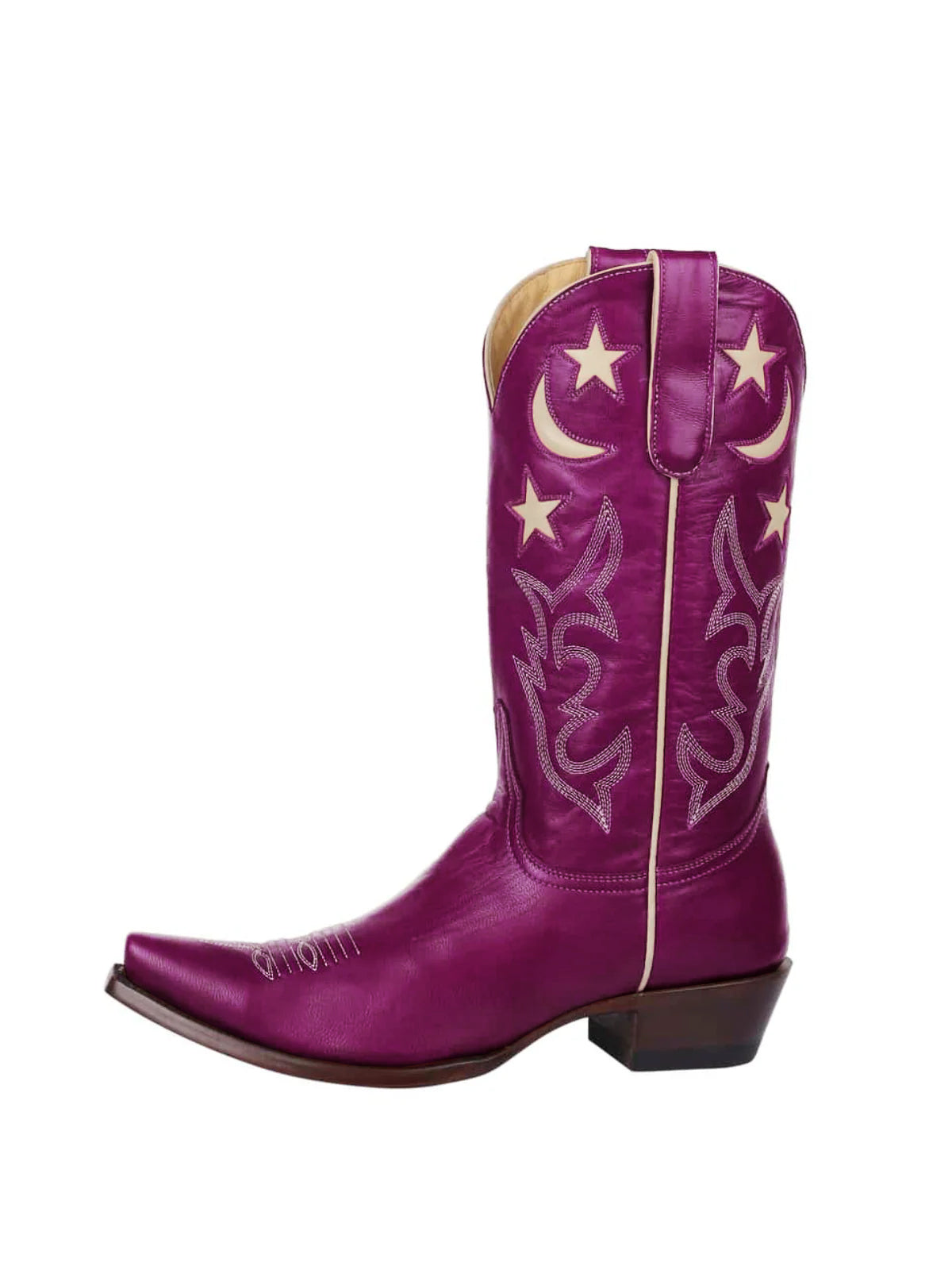 Fuchsia Snip-Toe Moon And Star Inlay Embroidery Mid Calf Cowgirl Boots