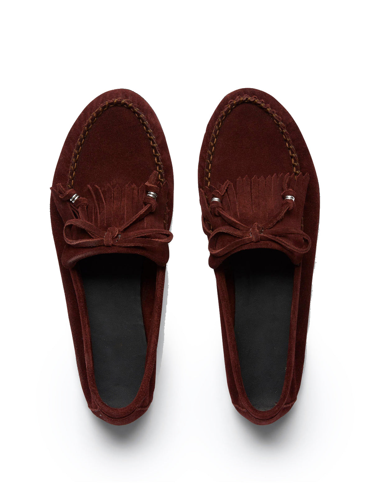 Burgundy Cow Suede Round-Toe Front Bow And Fringe Flats