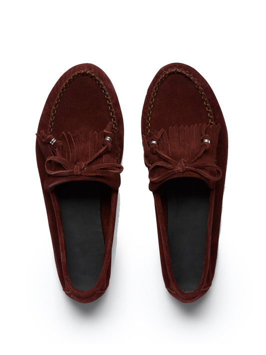 Burgundy Cow Suede Round-Toe Front Bow And Fringe Flats
