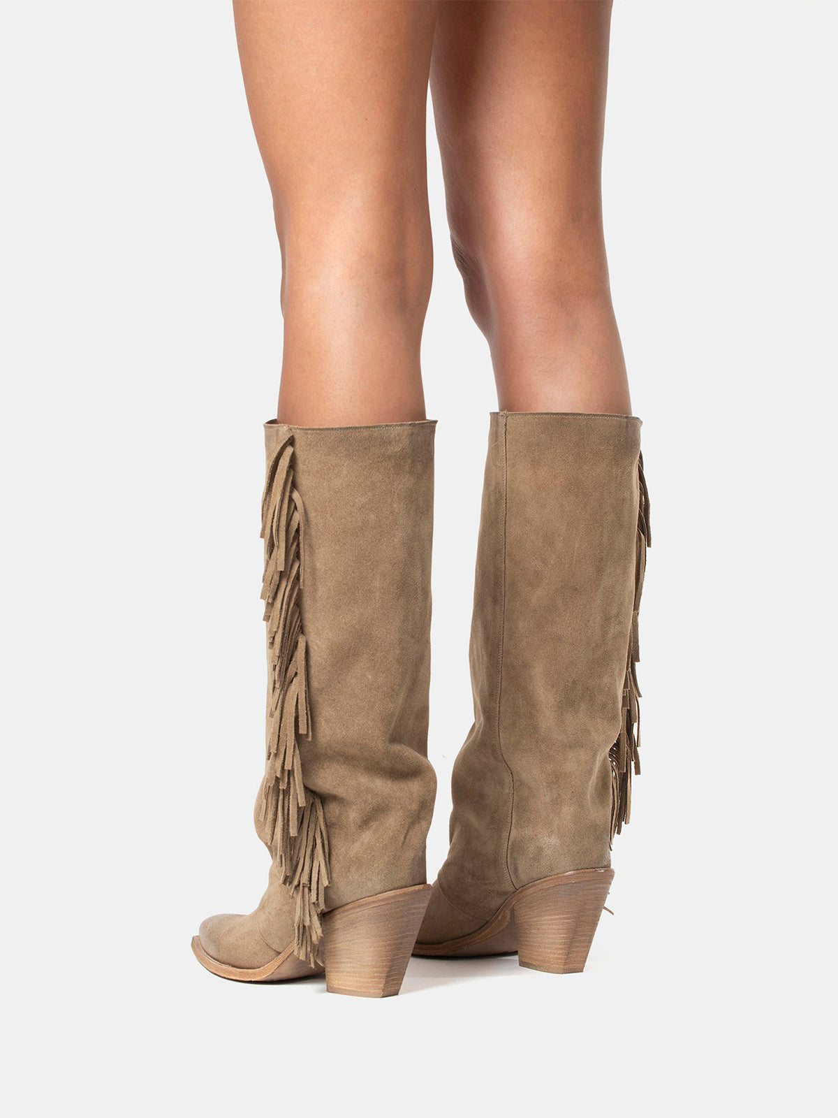 Taupe Faux Suede Snip-Toe Side Fringe Wide Calf Knee High Cowgirl Boots