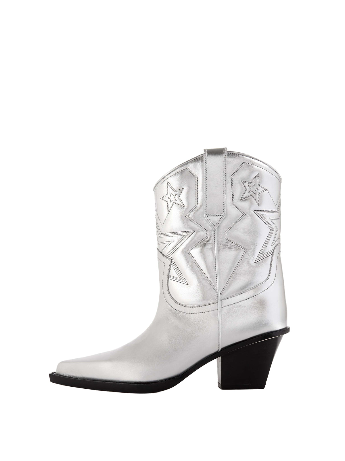 Metallic Silver Pointed-Toe Stars Embroidery Ankle Cowgirl Boots