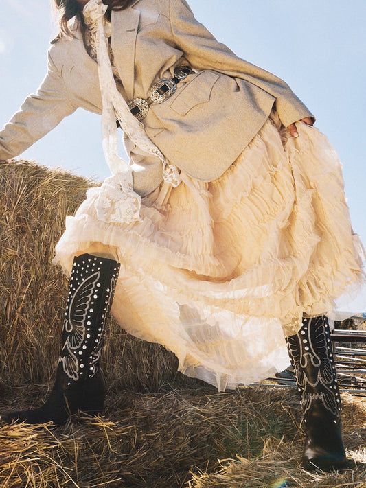 Black Snip-Toe Big Bird Embroidery And Studs Wide Calf Knee High Cowgirl Boots
