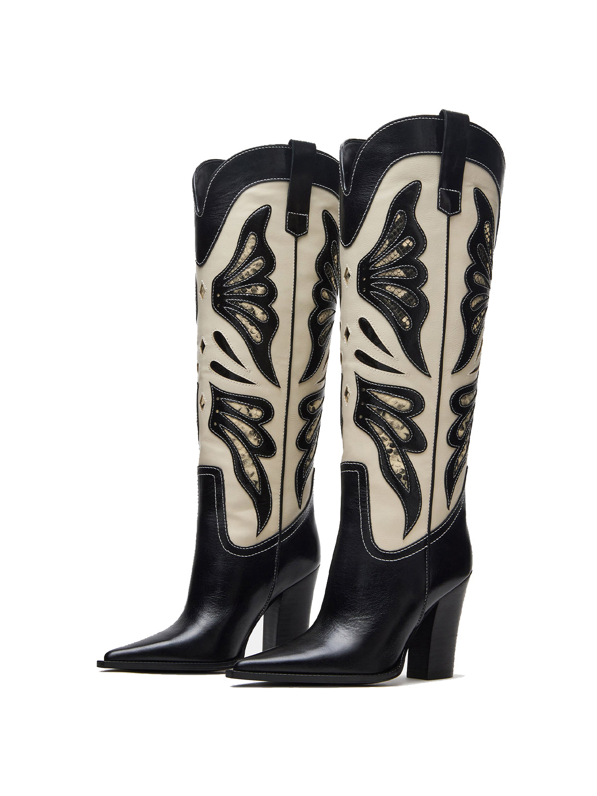 Contrast Black And Bone Pointed-Toe Snakeskin Wings Applique Knee High Cowgirl Boots