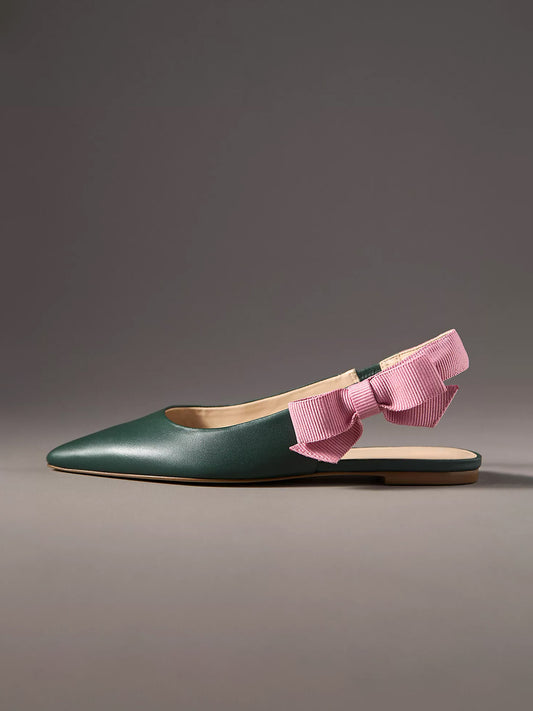 Green Pointed-Toe Side-Bow Slingback Flats