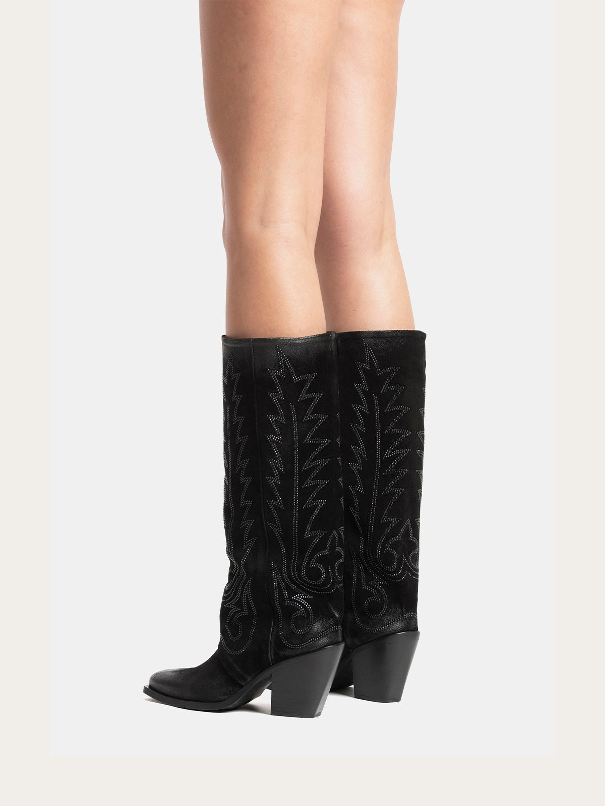 Black Snip-Toe Faux Suede Classic Embroidery Mid Calf Cowgirl Boots