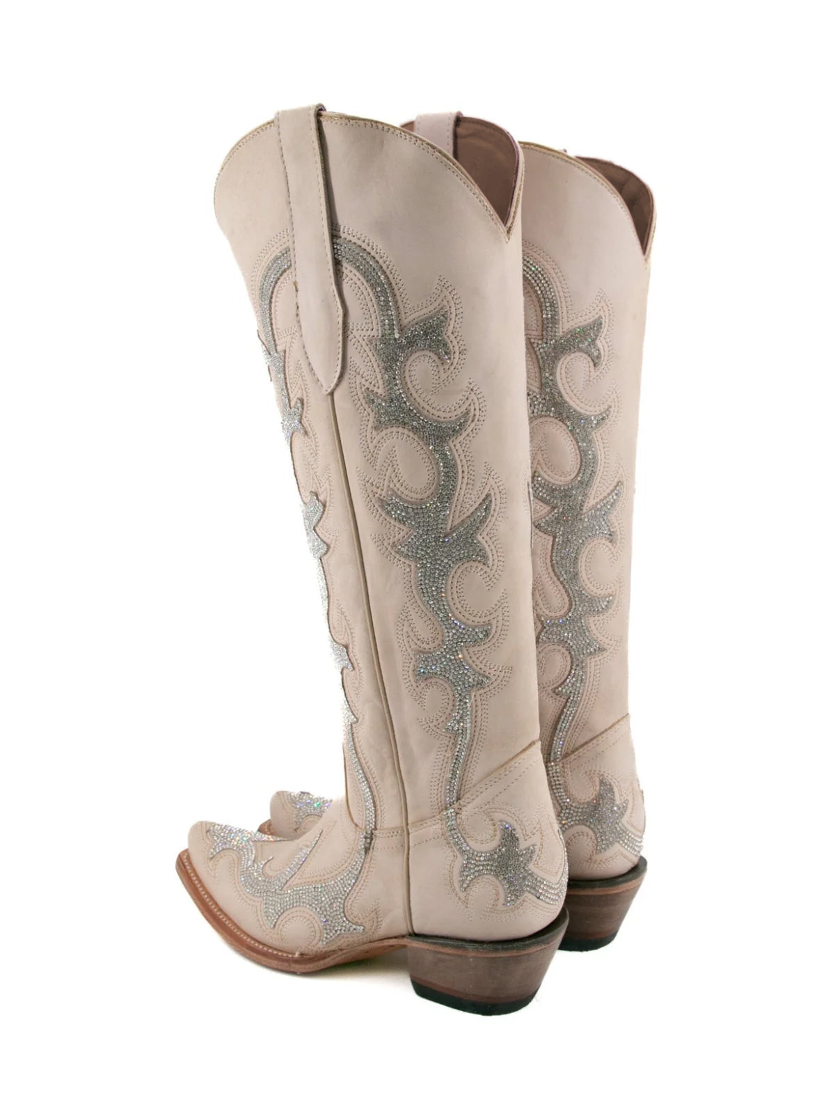 Rhinestone Embroidery Snip-Toe Half-Zip Knee High Tall Cowgirl Boots - Bone