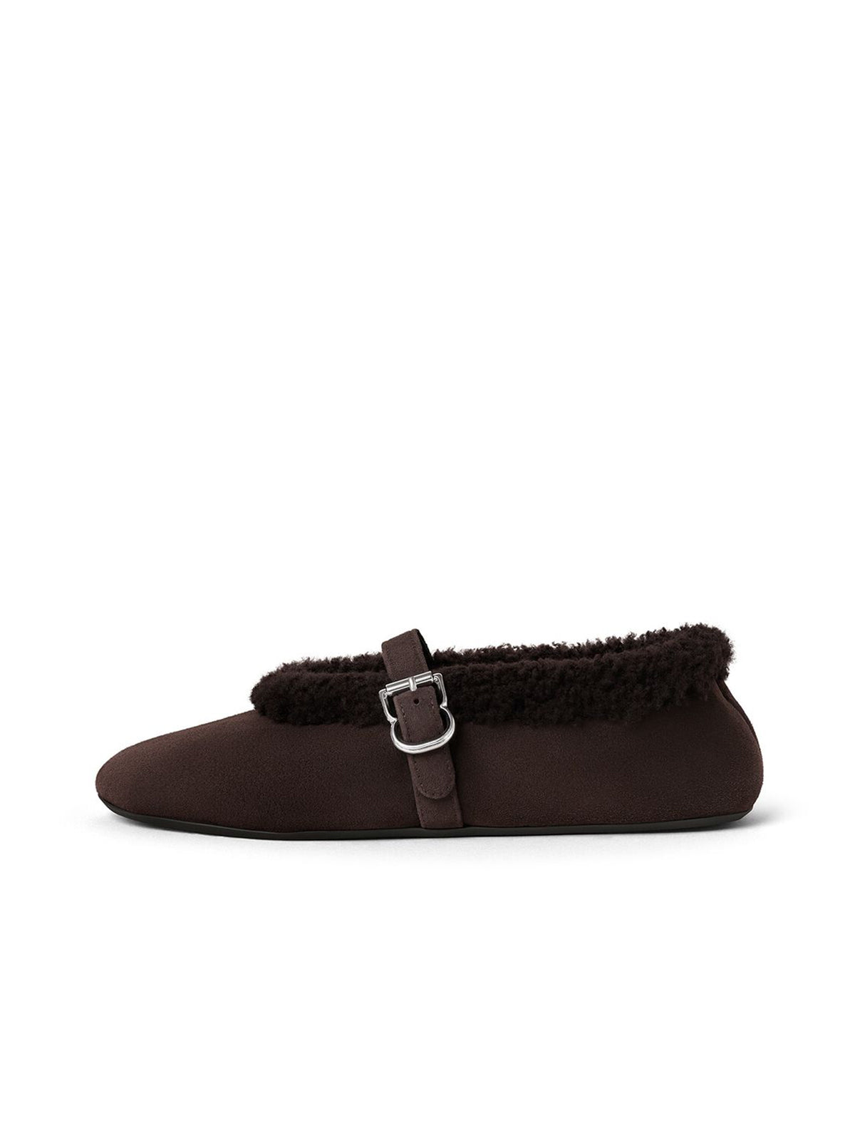 Dark Brown Faux Suede Round-Toe Mary Jane Ballet Flats With Plush