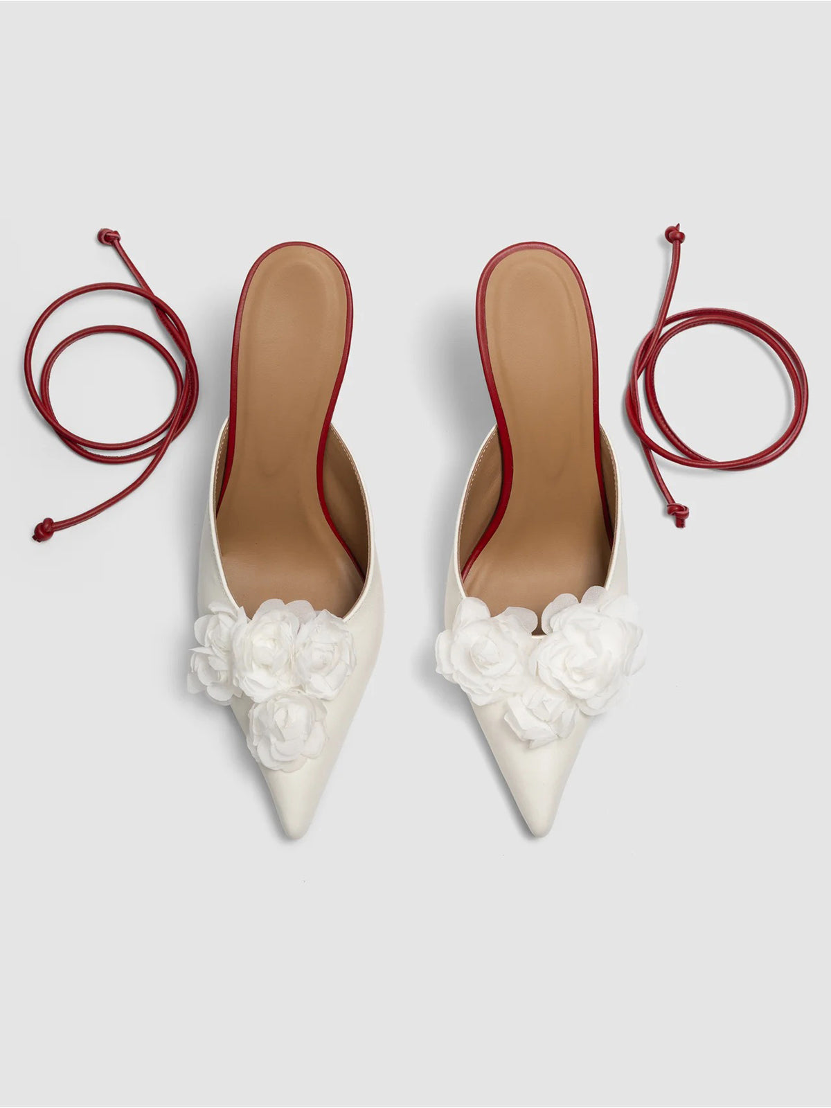 Ivory Pointed-Toe Front Floral Detail Backless Chic High Heels