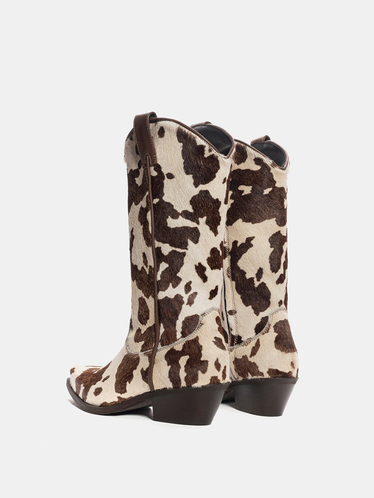 Brown Cow Print Pony Hair Snip-Toe Simple Half-Zip Mid Calf Cowgirl Boots