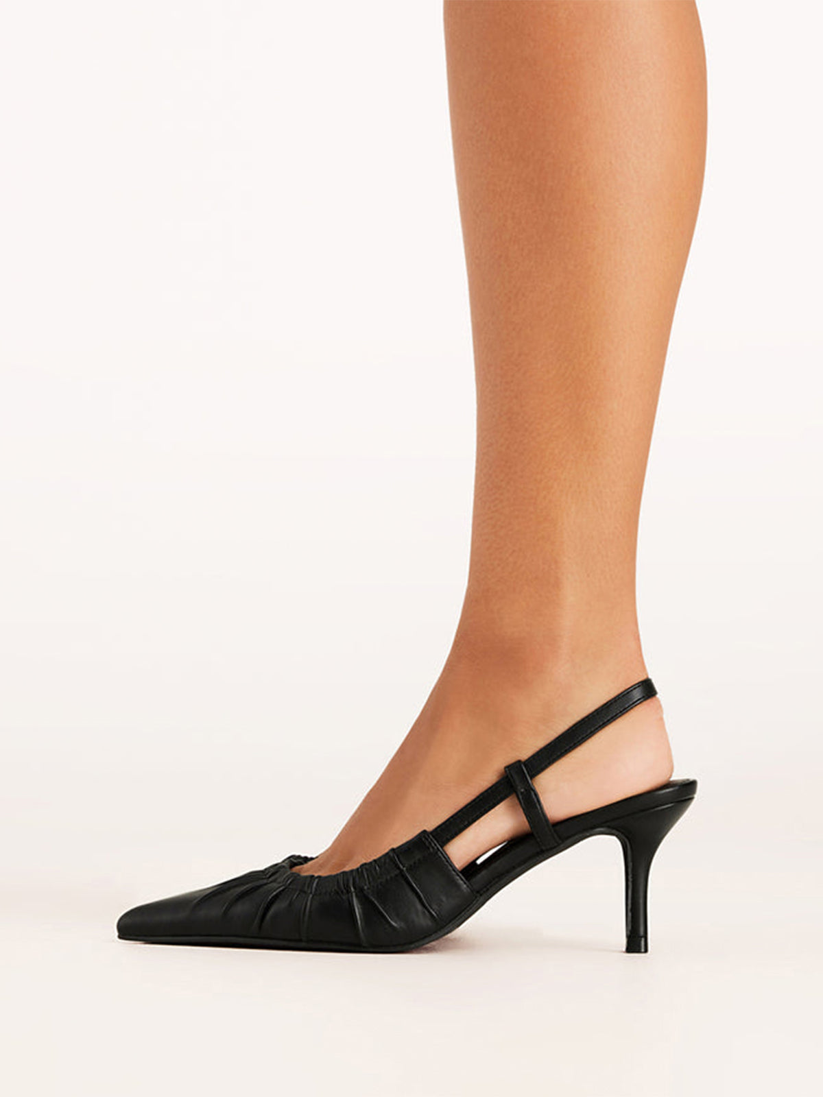 Black Ruched Upper Pointed-Toe Slingback Kitten Heels
