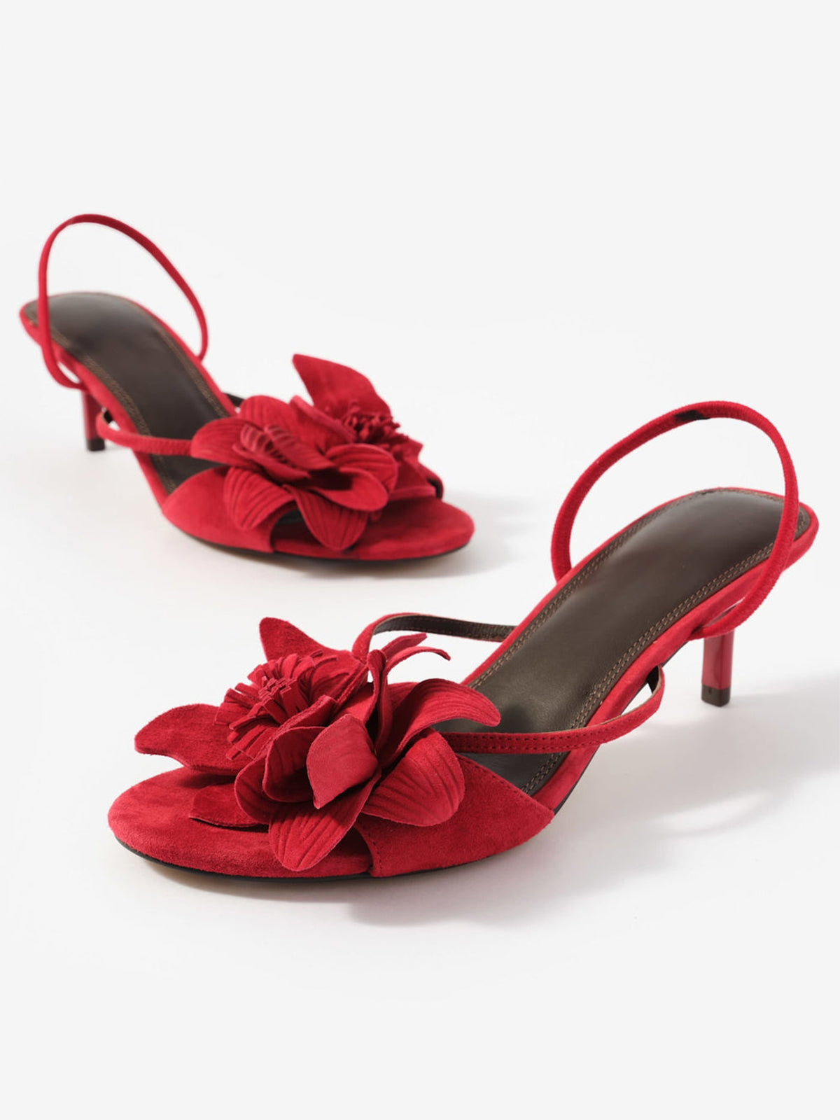 Red Cow Suede Round-Toe Front 3D Flower Detail Back Strap Kitten Heels